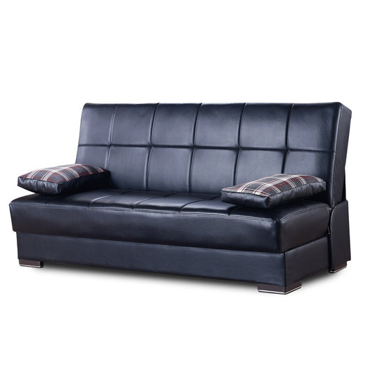 75" Black Faux Leather Convertible Futon Sleeper Sofa And Toss Pillows With Storage